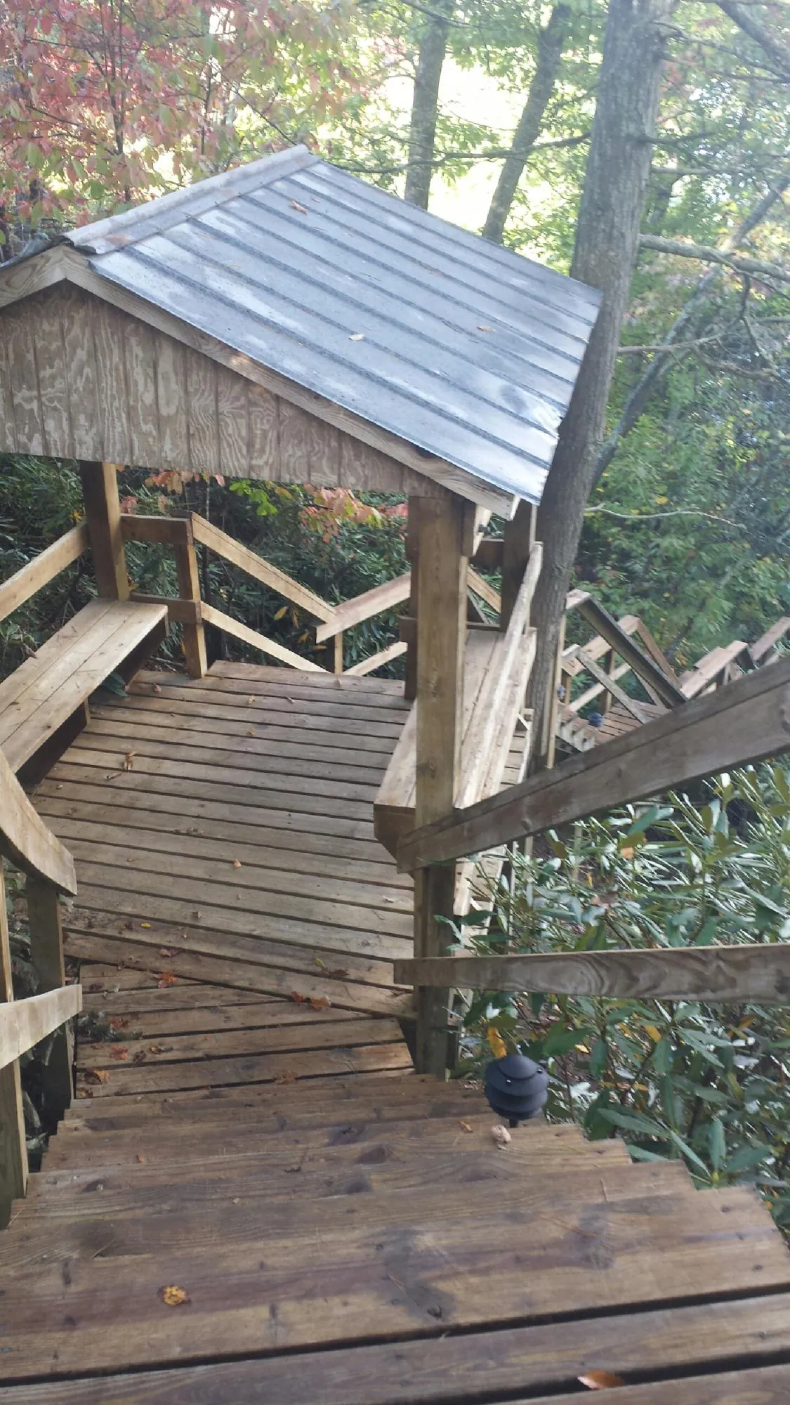 Metal roofed shelter over wooden steps on a wooded walkway in Price